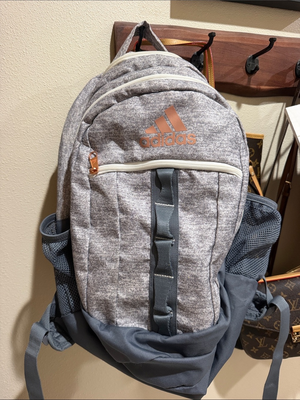 adidas Men's Heather Gray Backpack with Rose Gold Logo
